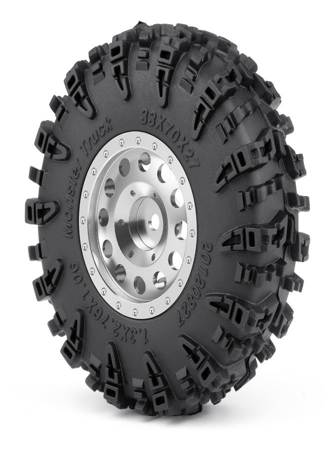 JGGZONE 4PCS 1.3" Beadlock Wheel Tires Set Aluminum 1.3inch Beadlock Wheel Hub Wheel Rim ＆ 70mm/2.76inch Rubber Crawler Tires for 1/18 1/24 RC Crawler Car SCX24 TRX4M Upgrade Parts (Bright Silver) - Image 2